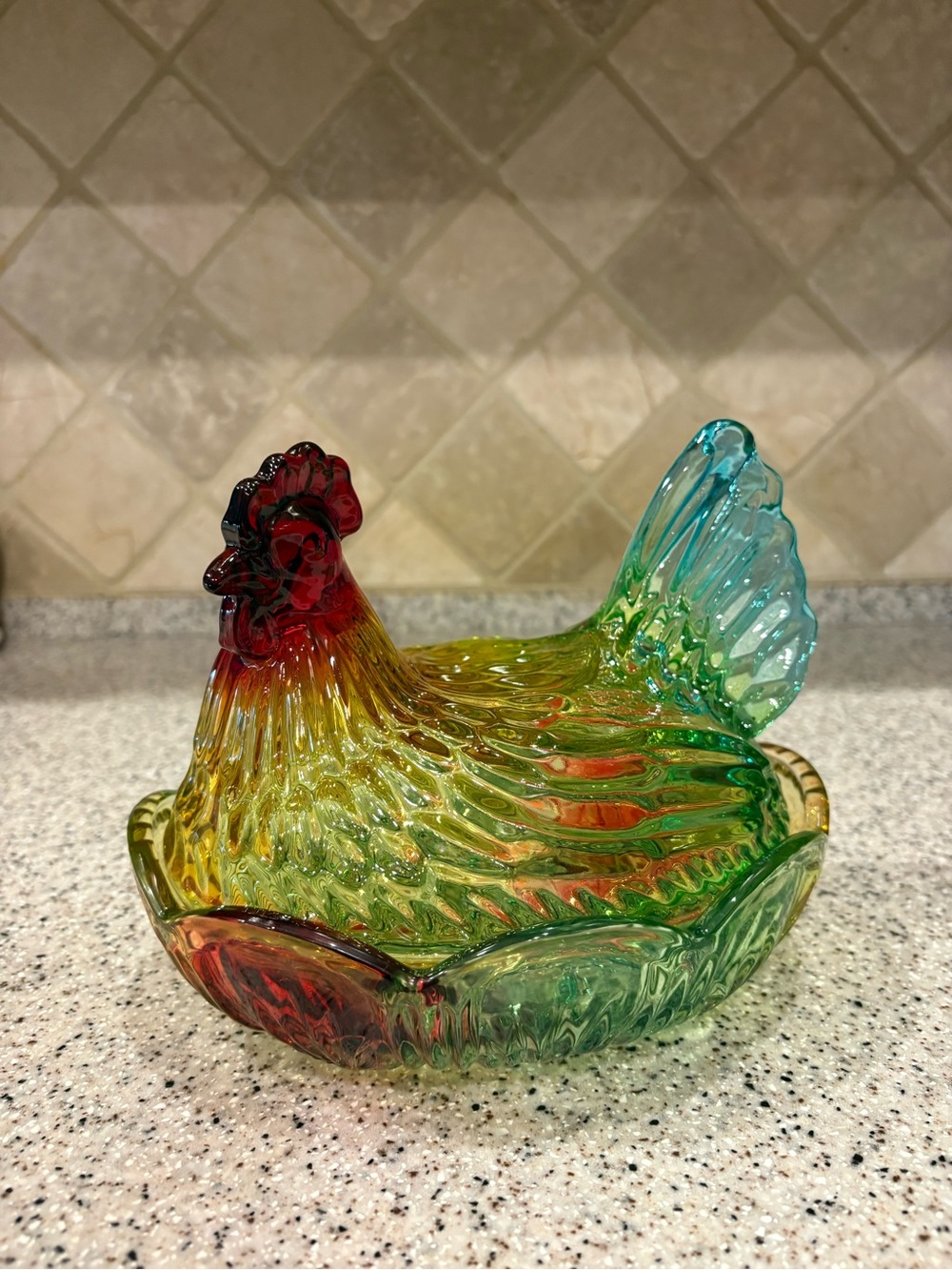 Multicolor Glossy Glass Hen on Nest Decorative Figurine